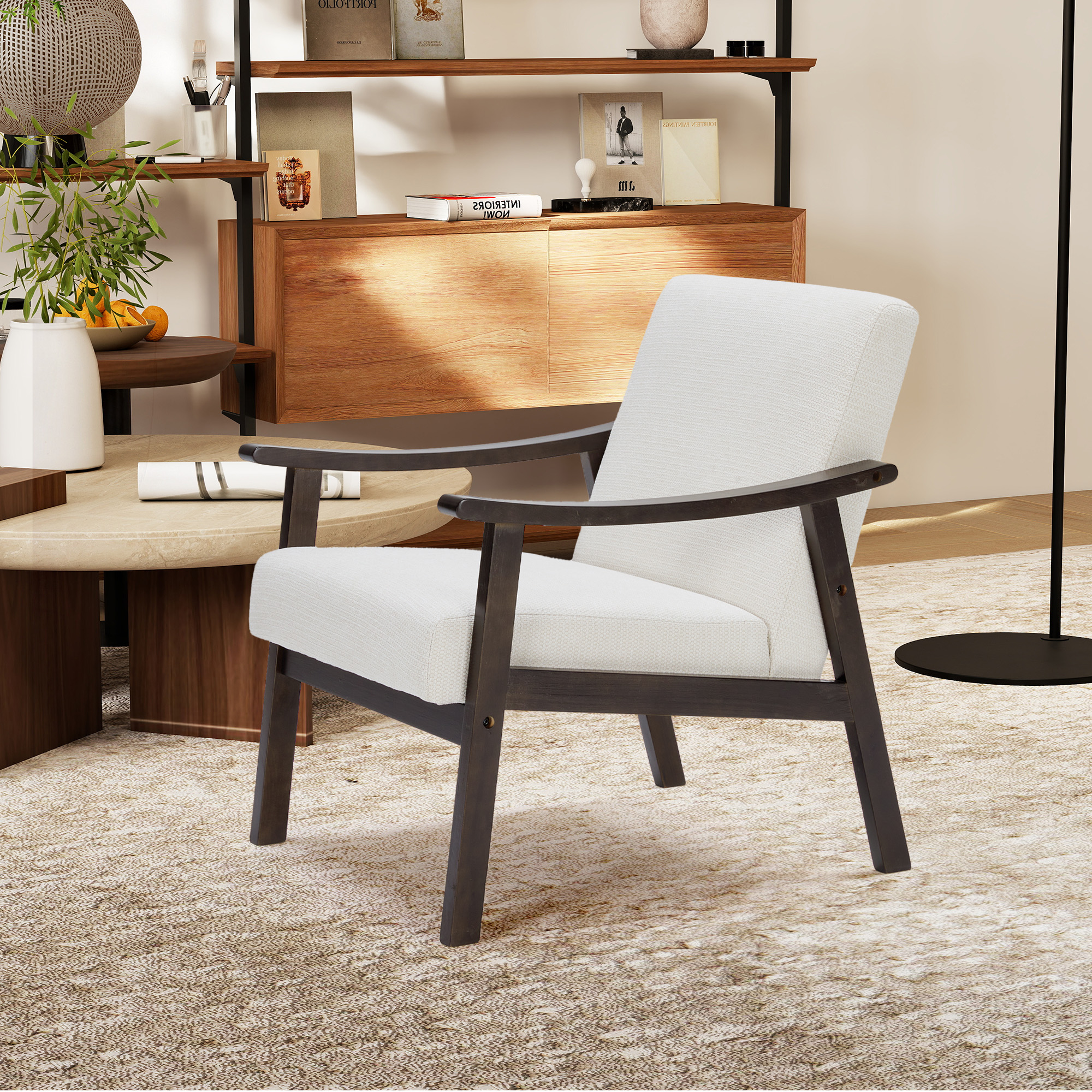 MOONMISS Accent Chair, Upholstered Comfy Single Sofa with Wood Feet, Mid Century Armchair for Bedroom, Living Room, Modern Comfy Reading Chair,White