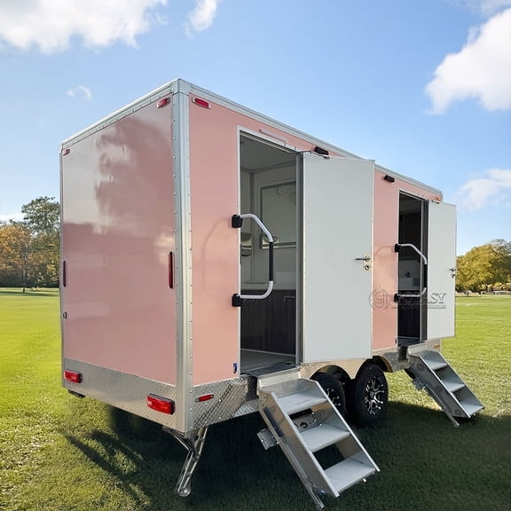 GOEASY VEHICLE Pink Double-Stall Portable Bathroom Trailer Mobile Restroom with Stairs Outdoor Wedding Event Festival Camping Sanitation Unit