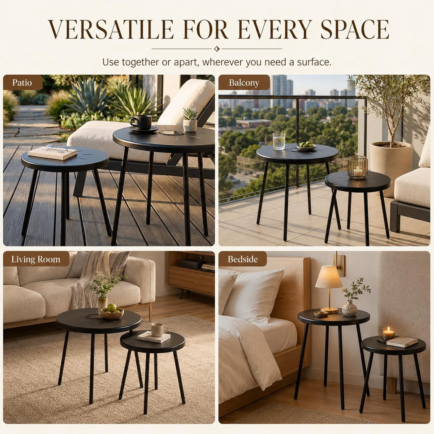 Black Round Nesting Coffee Table Set of 2, 2 PCS Small Outdoor Nesting Tables with LED Light for Living Room, Metal Side Table Set for Balcony Patio