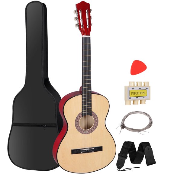 SuperDeal 38-Inch Round Shoulder Acoustic Guitar Kit 6 Strings Full Size Classic Beginners Children Adults All-Solid Wood with Carrying Case, Strap, Tuner and Pick, Natural