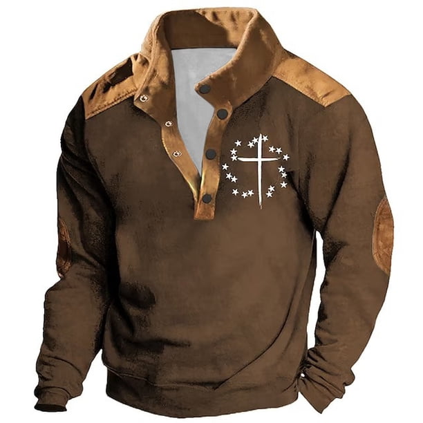 Blusas y camisas de manga larga con cuello redondo para hombre, sudadera informal con capucha, estampado étnico retro, cuello alto, cremallera, manga larga, holgada, con bolsillos, blusa para hombre