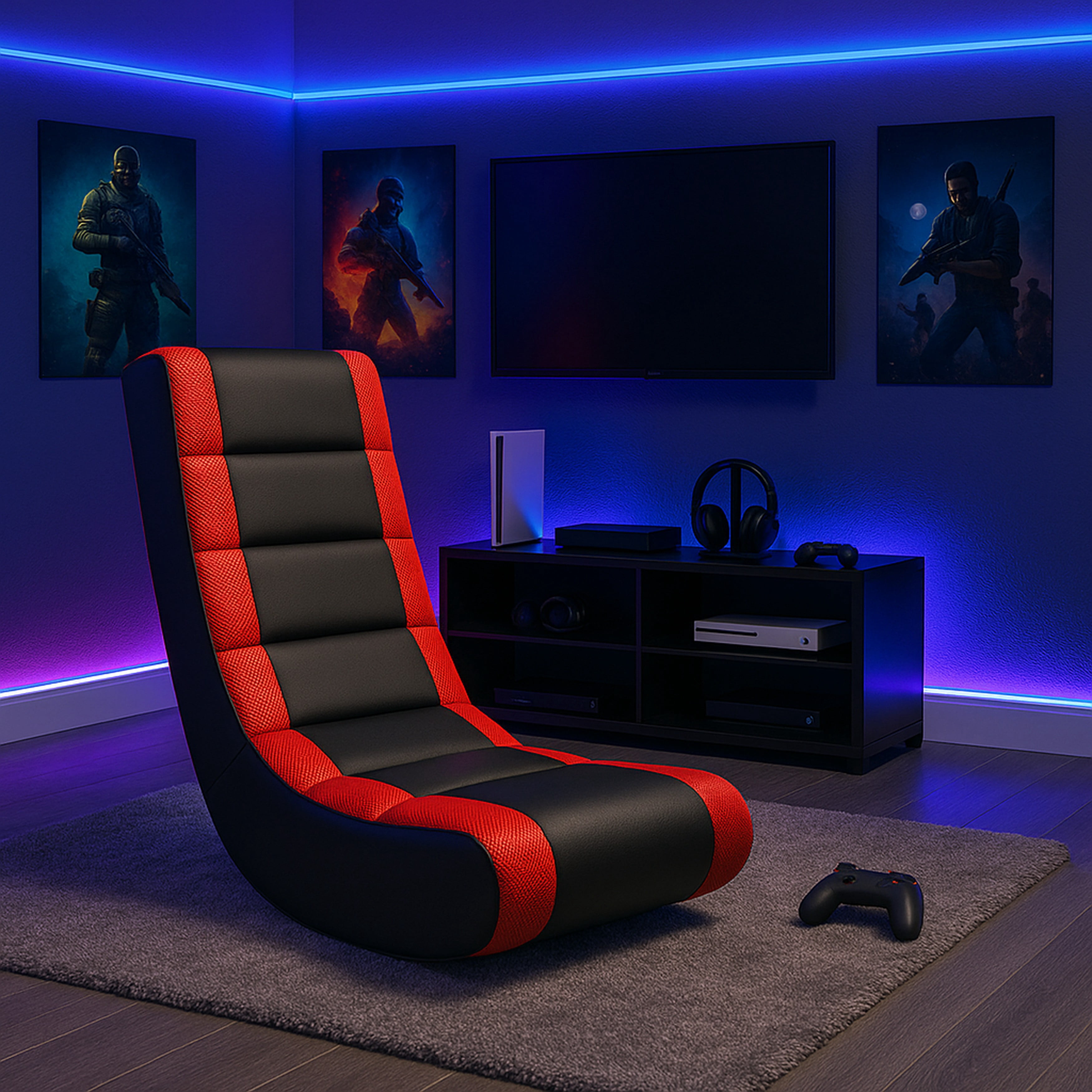 The Crew Furniture Classic Video Rocker Floor Gaming Chair, Kids and Teens, PU Faux Leather & Polyester Mesh, Black/Red