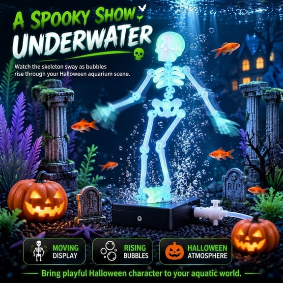 Halloween Dancing Skeleton Aquarium Bubbler Glow-in-dark Decor, Air Pump Multi-joint Moving Skull Bubbler Fish Tank Decor Non-toxic Skull Decor Funny Gift for Fish Tank Enthusiasts Home Office Party