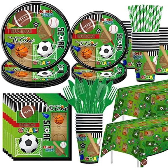 Sports Theme Birthday Party Supplies Tableware, Sports Party Decorations, Plates, Cups, Napkins, Tablecloth, Cutlery, Straws, Soccer Basketball Baseball Football Theme Dinnerware | Serve 24