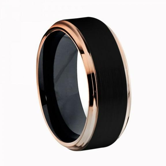 8mm Two-Tone Black IP & Rose Gold IP Brushed Center Step Edge Titanium Ring Wedding Band Ring For Men Or Ladies