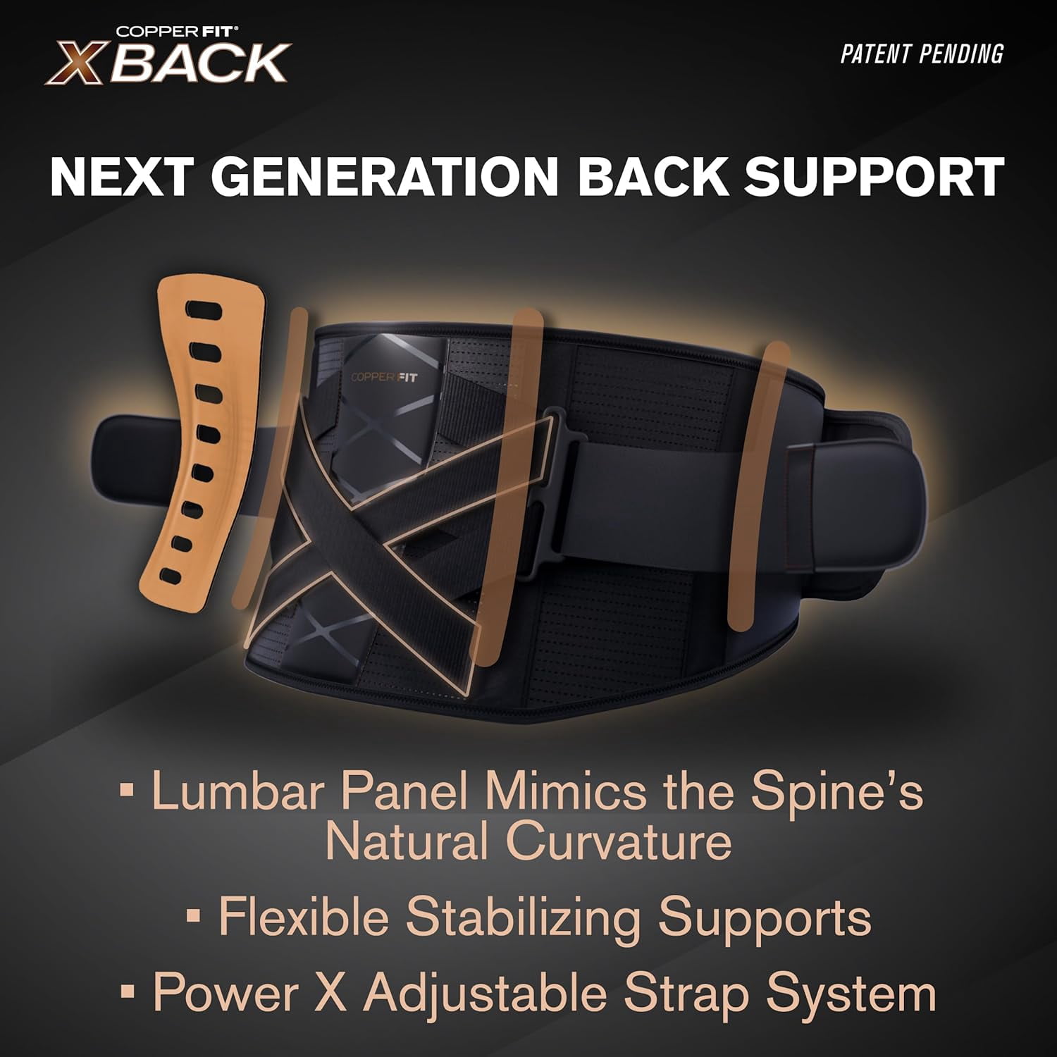 Copper Fit X-Back Brace for Lower Back Pain – Curved Lumbar Panel, Adjustable Power X Straps, L/XL