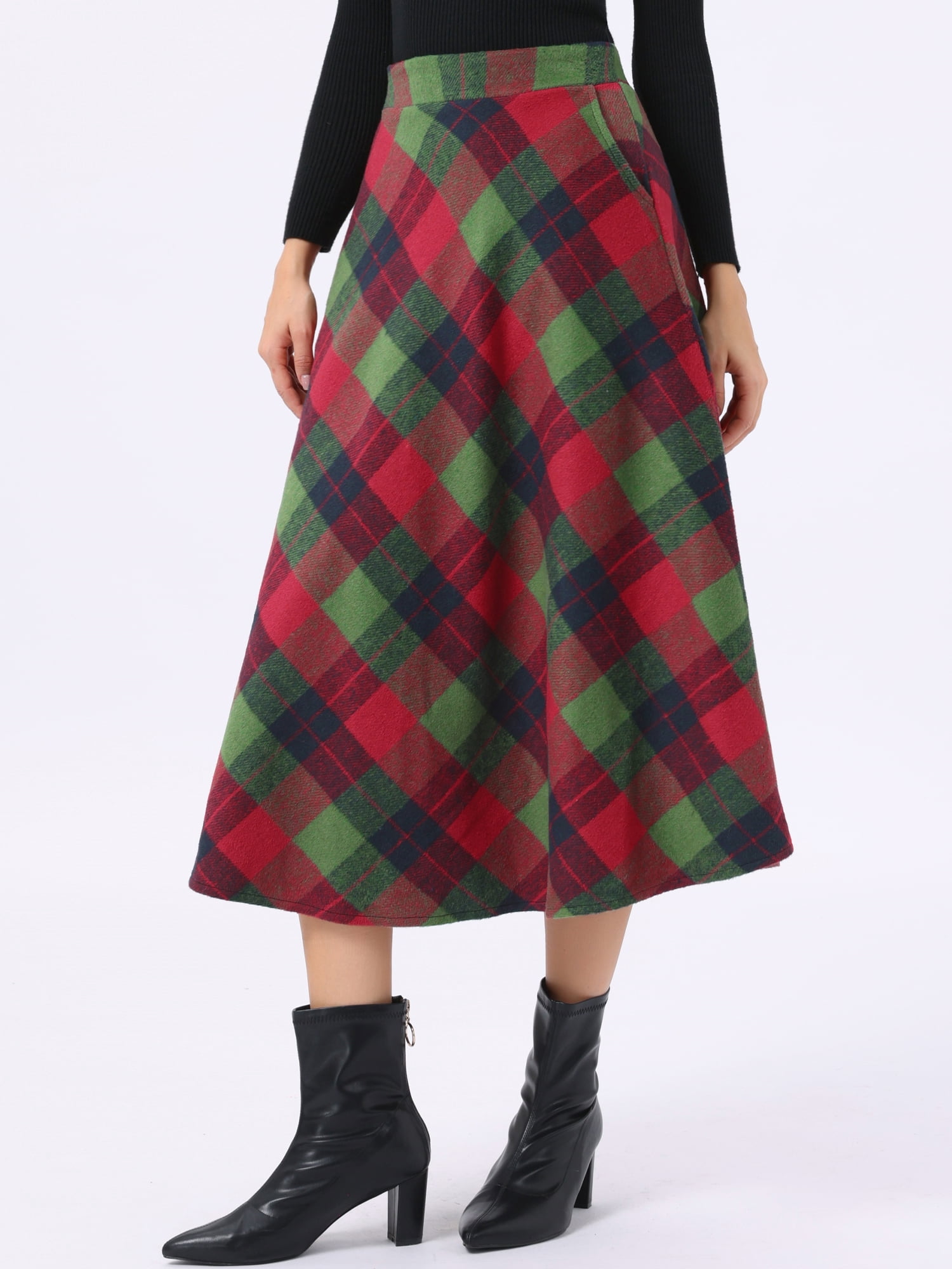 DARING DIVA Women's Vintage Plaid A-Line Work Long Maxi Skirt Medium Red Green