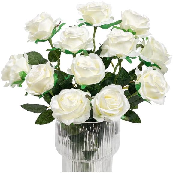 MAMOWEAR 12PCS Roses Artificial Flowers, Realistic Single Stem Flowers Silk Flowers Fake Rose Bouquet for Wedding Party Office Home Decor(White)