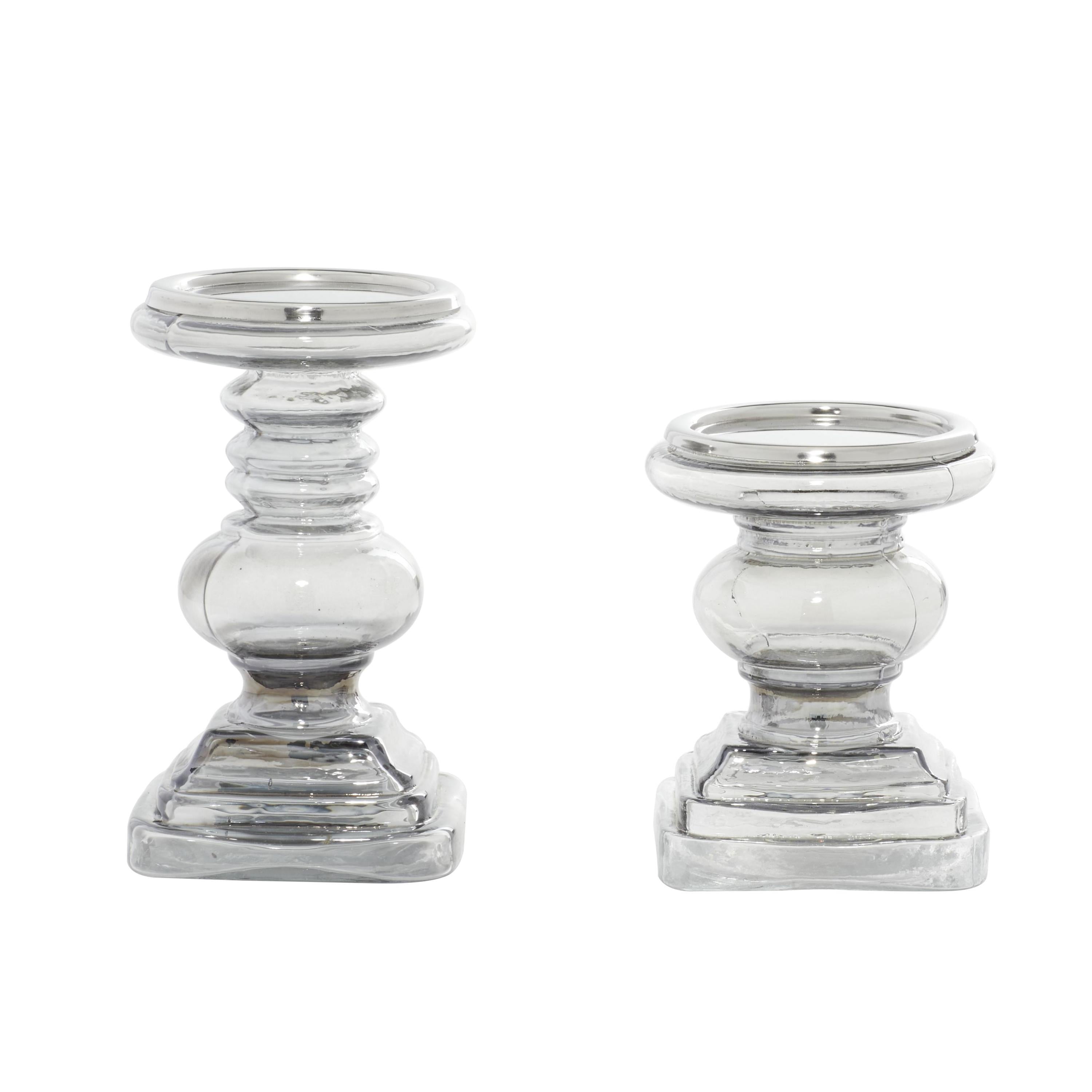 DecMode 2 Candle Silver Glass Handmade Turned Style Pillar Candle Holder, Set of 2