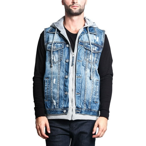 Victorious Men's Distressed Layered Zipper Hoodie Denim Jean Vest DK110 - Indigo - X-Large