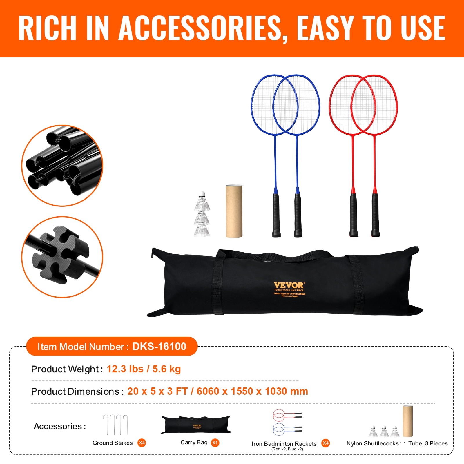 VEVOR Badminton Net, Height Adjustable Badminton Net, 20ft Wide Foldable Badminton Net, Portable Badminton Net Set with Poles, Stand, Bag, Rackets, Nylon Shuttlecocks, Kid Backyard Indoor Outdoor Use