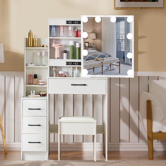 Kkonetoy White Vanity Set with Sliding Lighted Mirror, Makeup Vanity Desk w/4 Drawers, Dressing Table with Vanity Stool for Women Bedroom
