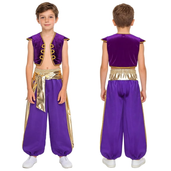 renvena Boys Prince Outfits Medieval Partywear Open Front Vest Waistcoat with Harem Pants Purple 4
