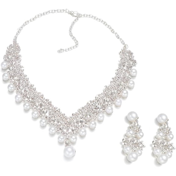 Glamorous Bridal Jewelry Set Rhinestone and Pearl Necklace with Matching Earrings Elegant Wedding Accessories for Brides and Bridesmaids present for Special Occasions[s980]