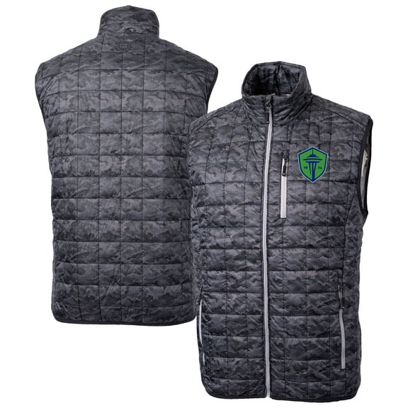 Men's-Cutter & Buck  Black Seattle Sounders FC Rainier PrimaLoft Eco Insulated Full-Zip Printed Puffer Vest