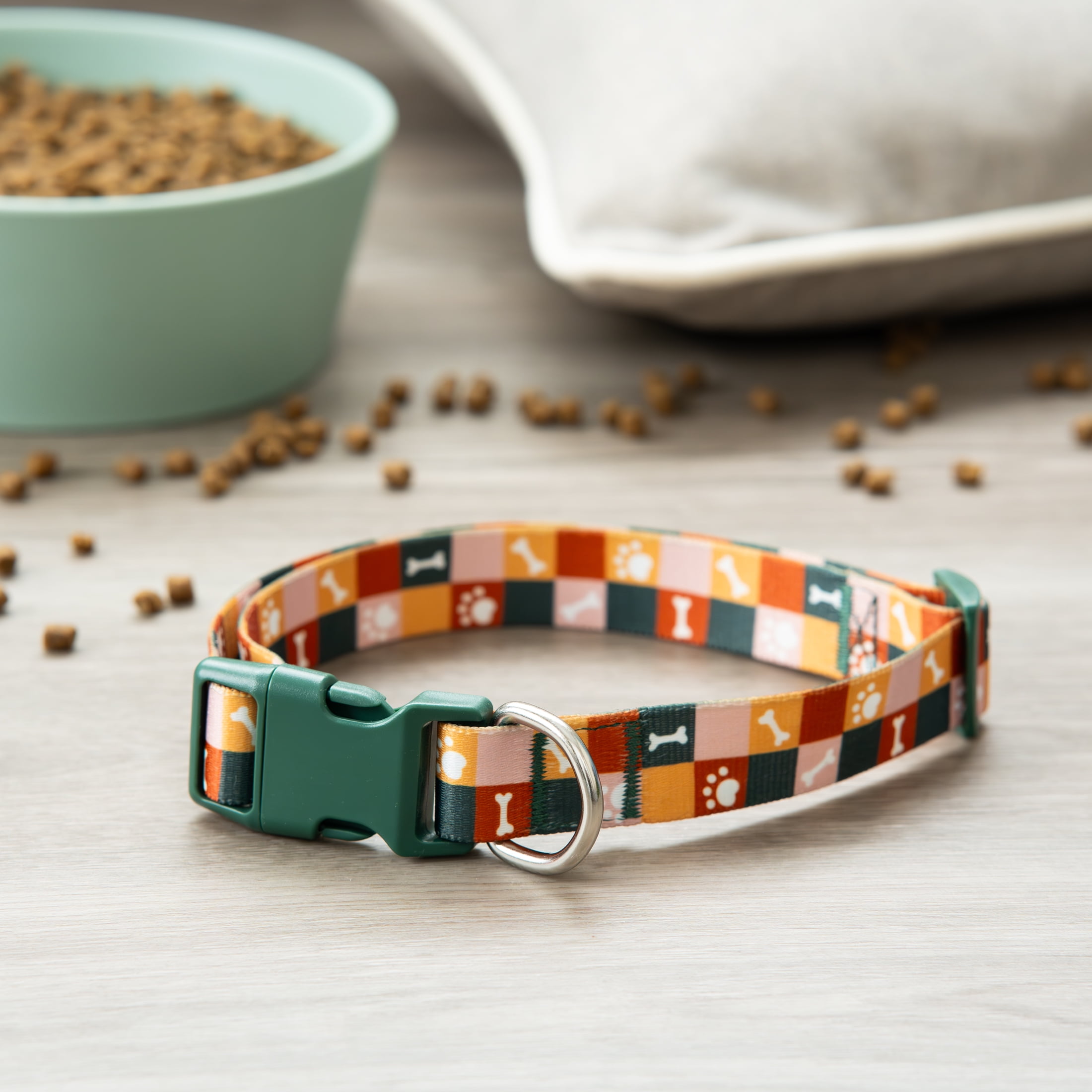 Vibrant Life Adjustable Fashion Dog Collar, Multicolor Bone and Paw Grid, Medium