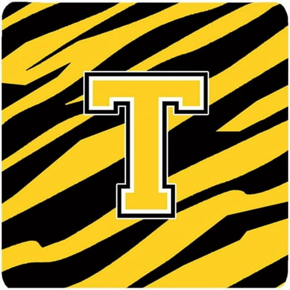 Monogram - Tiger Stripe - Black Gold Foam Coasters, Initial Letter T - Set 4, 3.5 x 3.5 In.