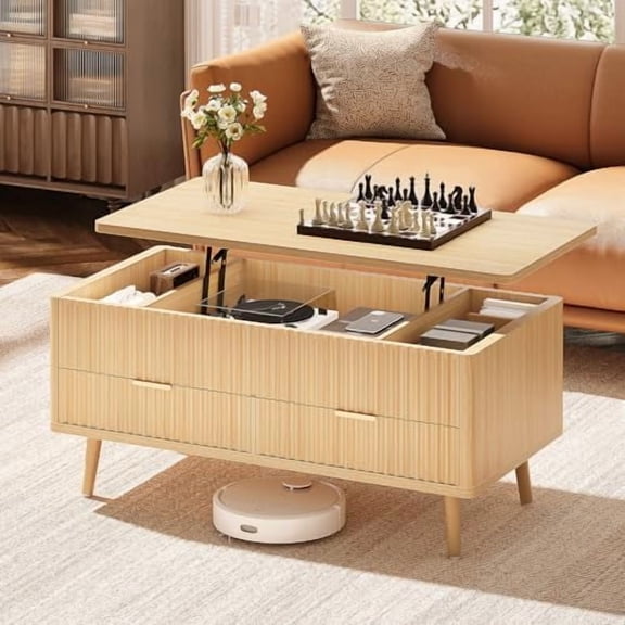 Fluted Lift Top Coffee Table- Wood Coffee Tables with Storage for Living Room, Mid Century Modern Square Large Center Table with Drawers & Hidden Compartment for Home Office, Reception$$Furniture