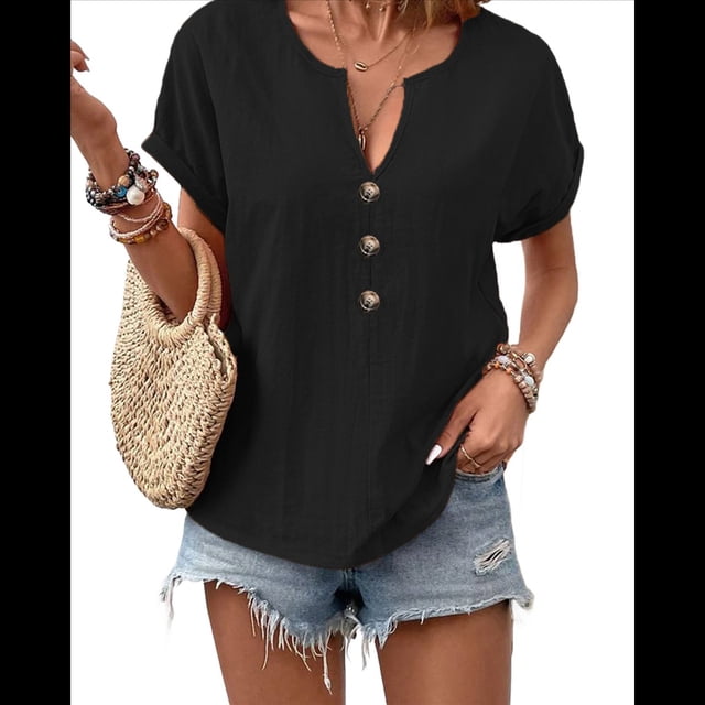 Blusas Casuales con Botones y Cuello en V para Mujer, Holgadas, de Corta, Lisas, para Otoño. Negro XL