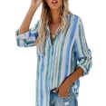 thumbnail image 3 of Frontwalk Womens Button Down Shirts Bohemian Striped Long Sleeve Blouse Casual Roll-up Tops Pocket, 3 of 3