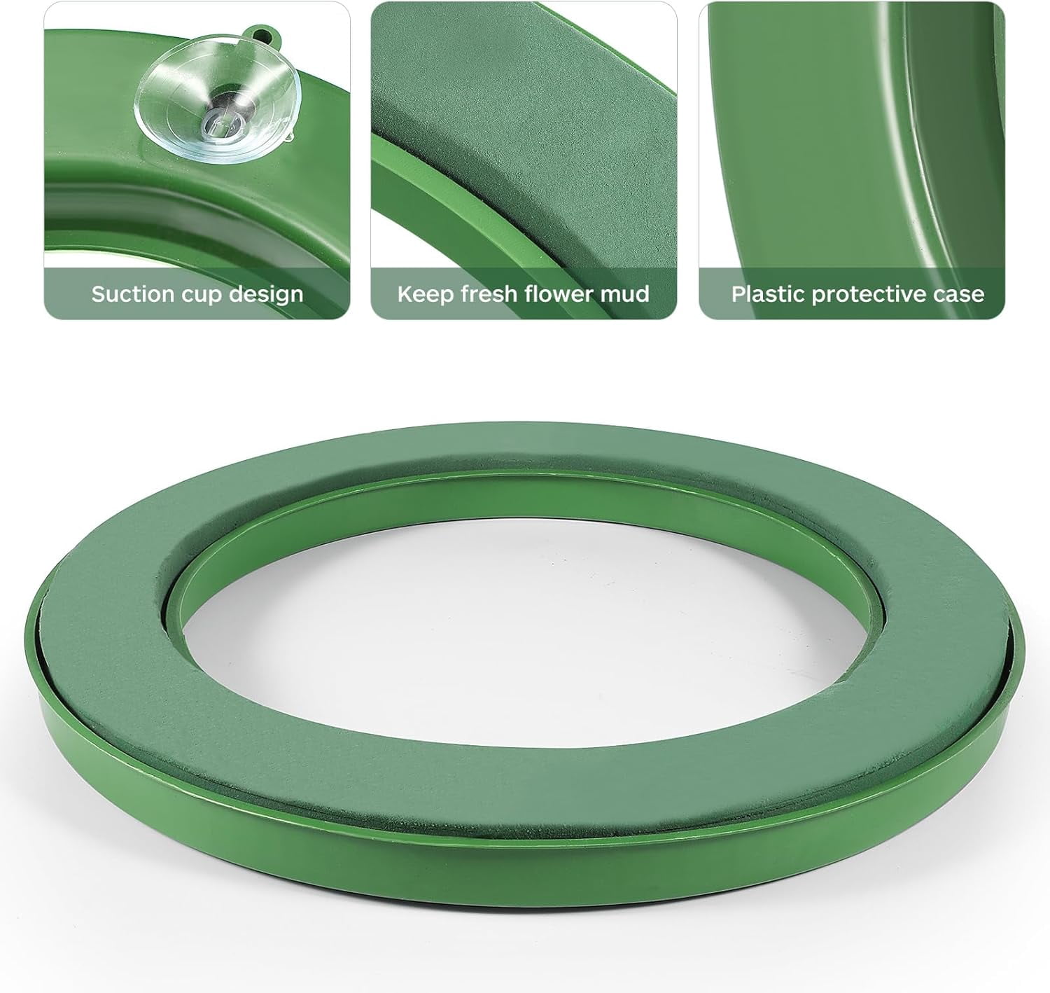 ABPETE Floral Foam with Sucker, 16.5 Inch Round Floral Wet Foam Ring Artificial Arrangements Mud for DIY Flower Arrangement, Wedding Car Decoration Tool, Green