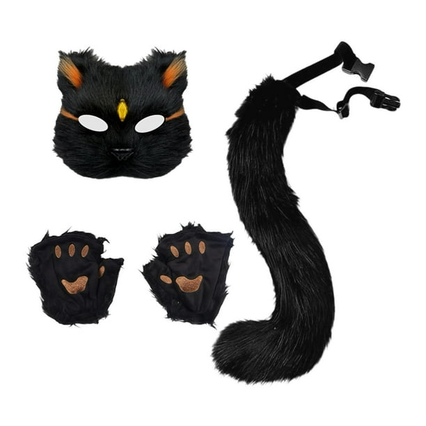 Máscara de animal y conjunto de cola Cosplay Linda máscara de gato de Halloween para baile de graduación Carnaval Chip de oro negro