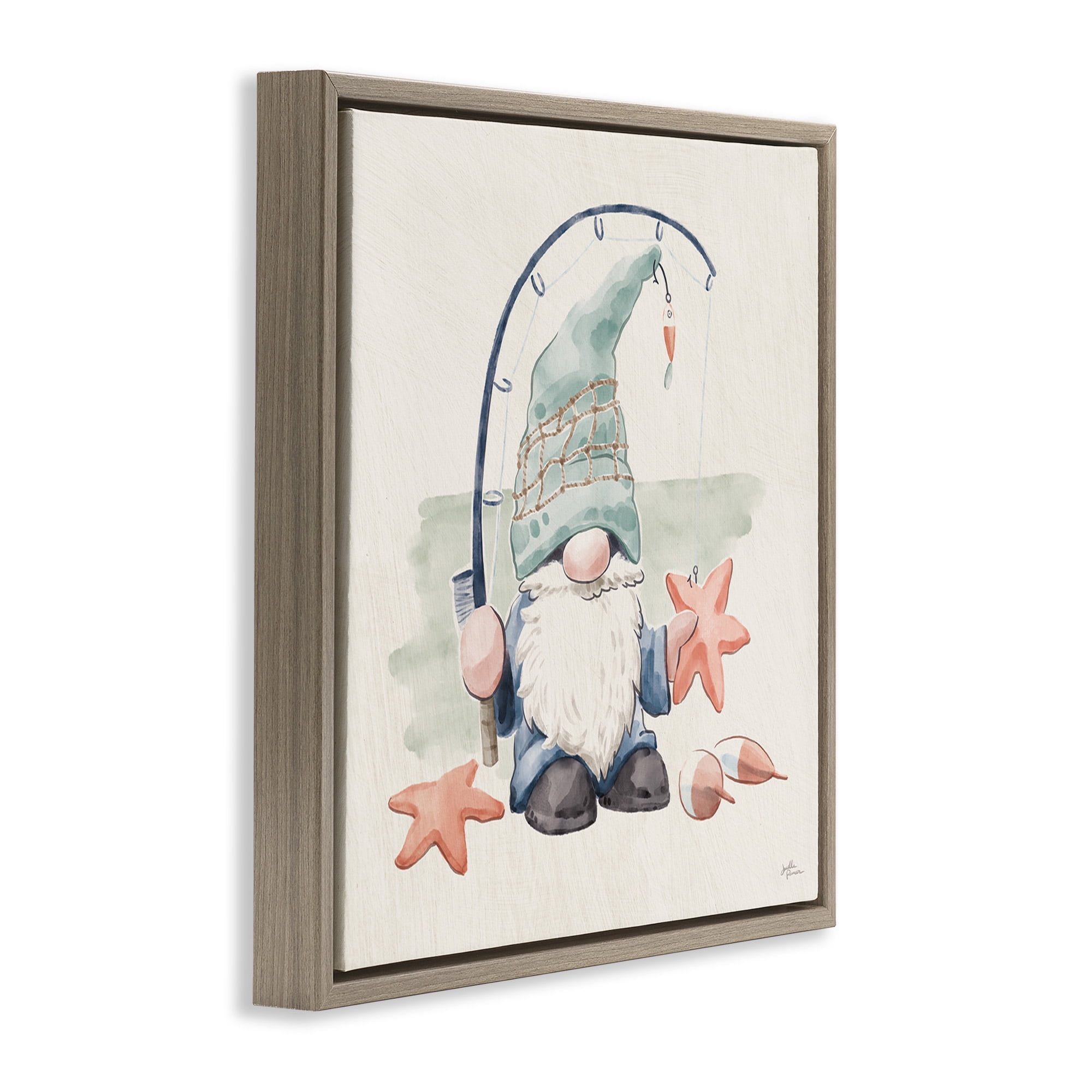 Stupell Industries Summer Beach Fishing Gnome Nature Painting Brown Floater Framed Canvas Art Print Wall Art, 18 x 18