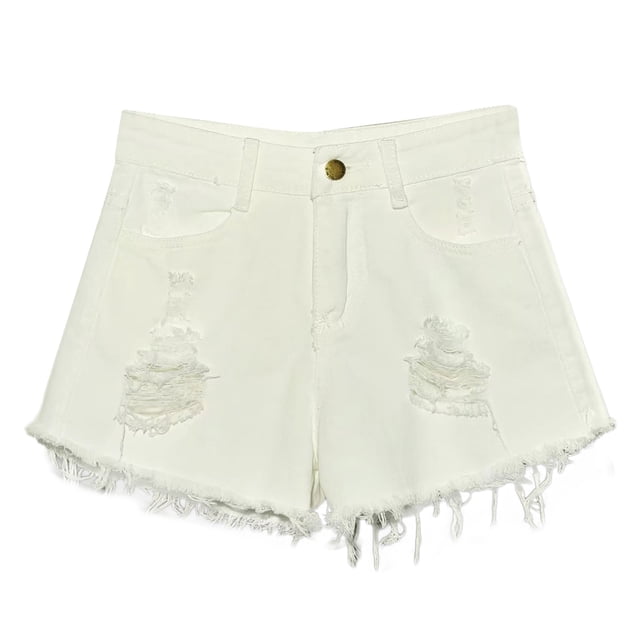 PEASKJP Ripped Jean Shorts Women High Waisted Distressed Stretchy Ripped Raw Hem Summer Casual Cut Off Shorts, White L