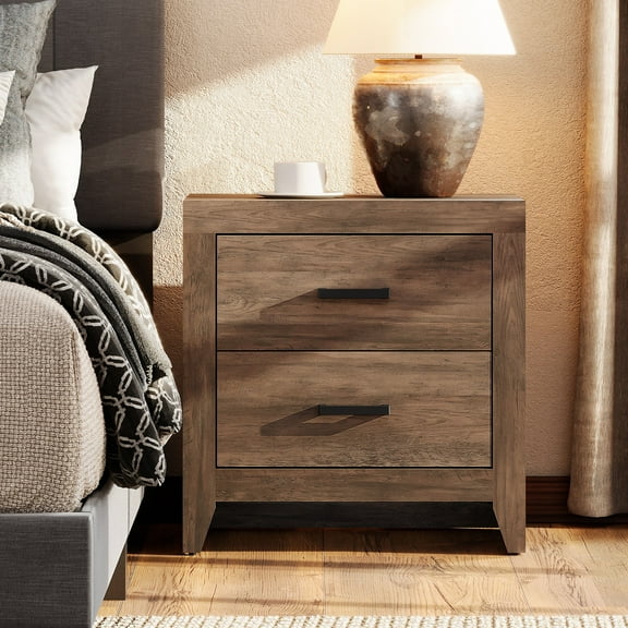 WAMPAT Farmhouse Nightstand with 2 Drawers, Wooden Side End Table, Bedside Cabinet for Bedroom, Living Room, Closet, Office, Brown