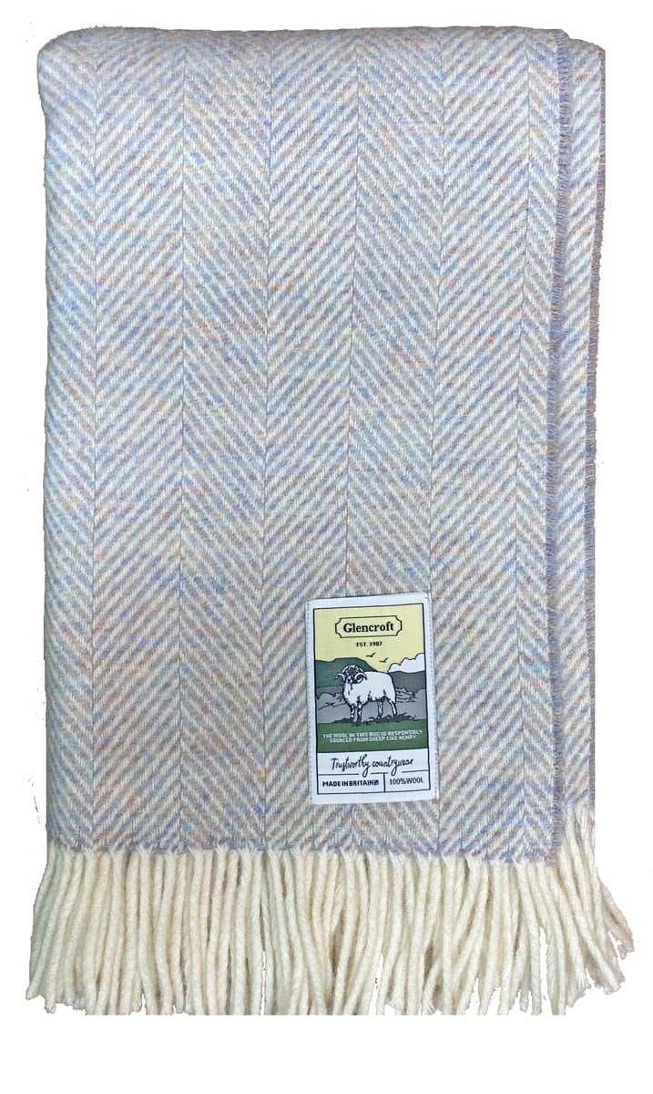 Navy Herringbone Pattern Glencroft 100% Wool British Throw/Blanket 