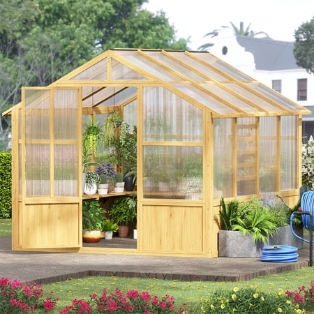 LAZZO 8x8 FT Outdoor Wooden Greenhouse, Heavy Duty Walk-in with Cedar Frame, Polycarbonate Panels & Adjustable Roof Vents