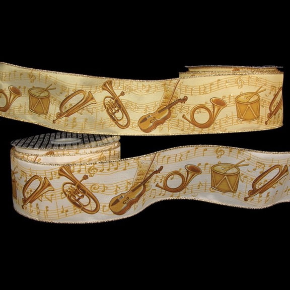 The Ribbon People Yellow and Gold Musical Instruments Printed Wired Craft Ribbon 2.5" x 20 Yards