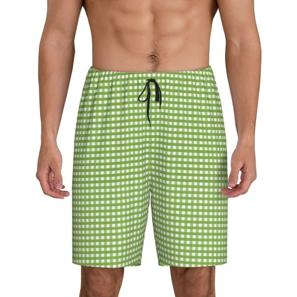 Balery Green Gingham Pantalones cortos de pijama de punto de algodón para hombre con cinturilla y bolsillos-Medium