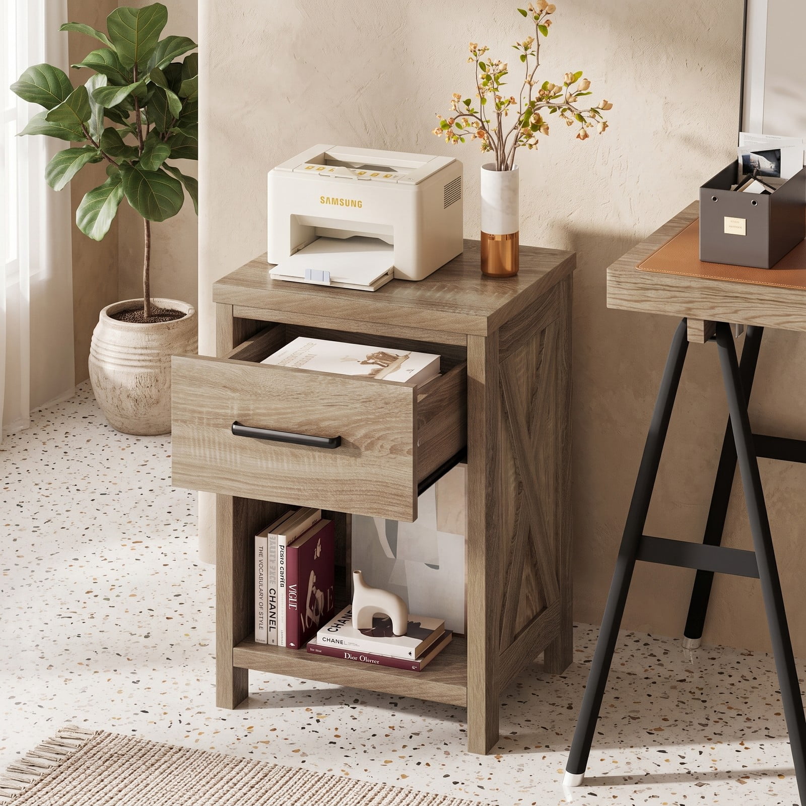 Furnibear Farmhouse Nightstand with Drawer and Open Shelf Bedside Table with X Side Accents for Bedroom Living Room, Natural