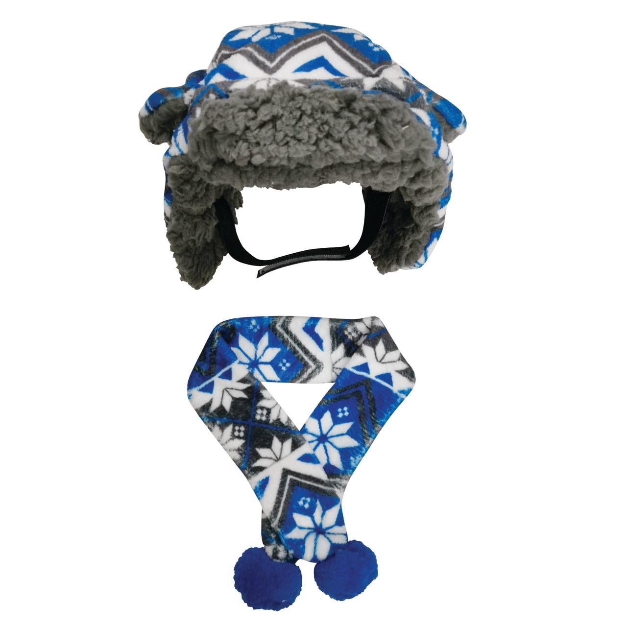 Fetchwear Snowflake Fleece Trapper Hat & Scarf Set for Dogs, Blue/Gray, X-Small/Small