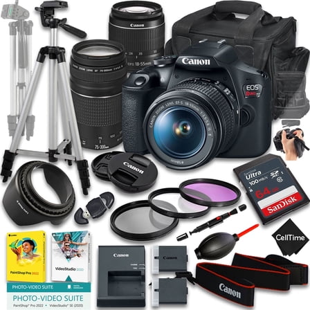 Canon EOS Rebel T7 DSLR Camera with EF-S 18-55mm f/3.5-5.6 IS II And EF 75-300mm f/4-5.6 III Lens   64 GB Memory   Extra Battery   Camera Case   Tripod   More (24pc Bundle)