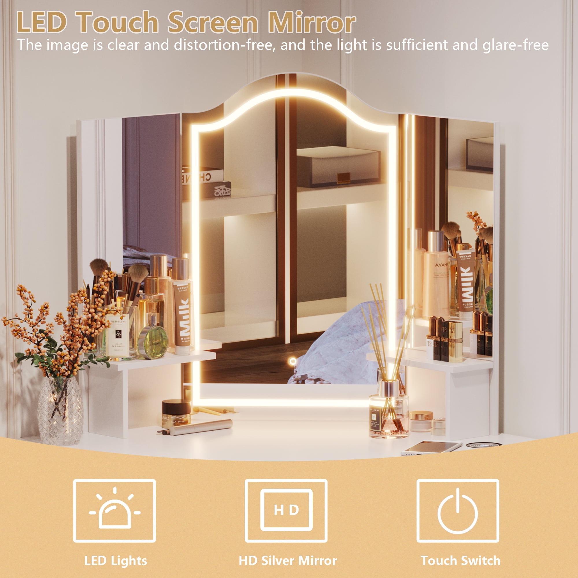 LVSOMT Makeup Vanity Desk with 3 Lighting Options, Dressing Table with Charging Station, Vanity Set with 4 Cabinets, Shelves and Stool, Corner Vanity for Women Girls, White
