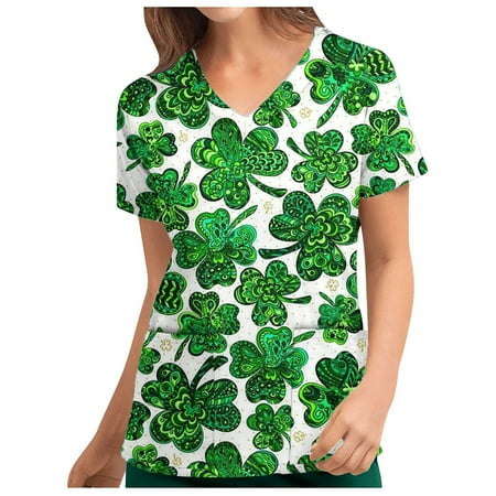 

muxika Women s St.Patrick s Day Printing Stretch Scrub Top with Pockets V-Neck Comfy Scrub Top Tunic Top