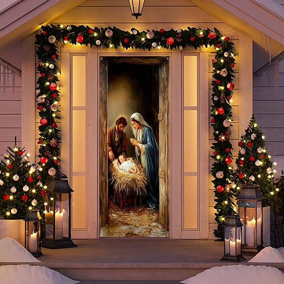 Oioii Christmas Door Cover Decorations Merry Christmas Front Door Cover Christmas Door Banner Fabric Props Xmas Snowflake Hanging Door Wrap for Photo Booth Props Party