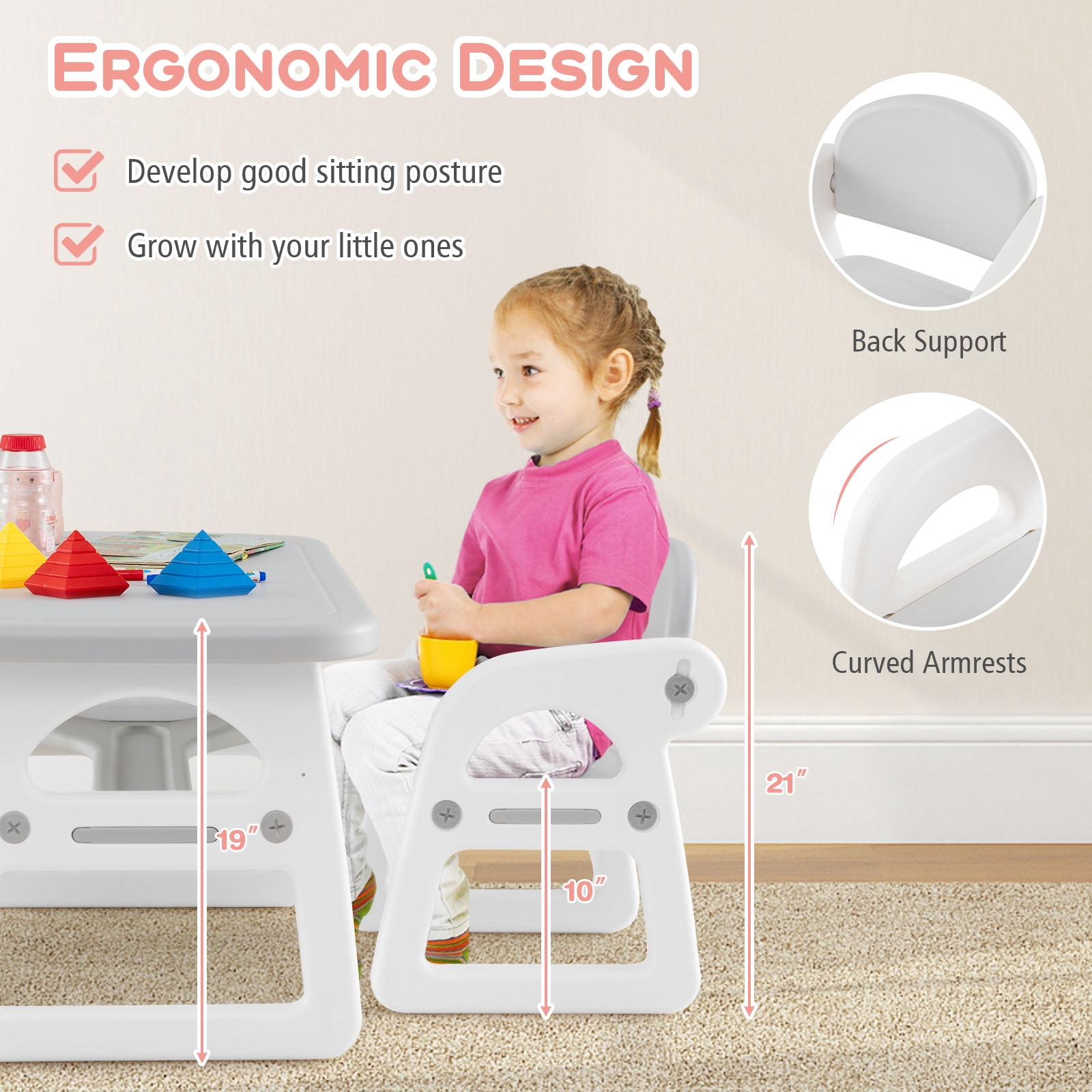 Costway 3-Piece Kids Table and Chair Set Toddler Activity Study Desk with Building Blocks Gray