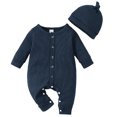 

Mikrdoo Baby Boys Clothes Single Breasted Design Winter Romper With Hat 2Pcs Romper Set Blue 3-6 Months