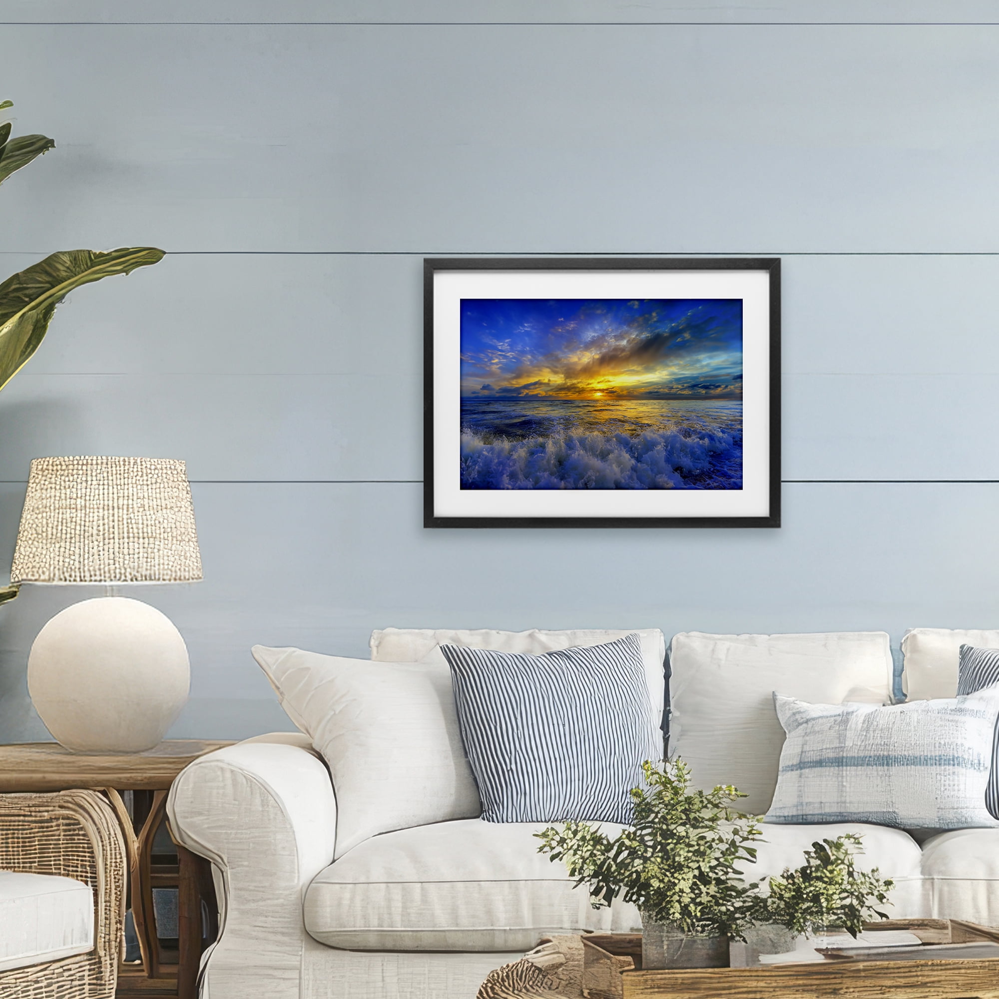 Stupell Industries Golden Blue Sunset over Waves Black Framed Print Under Glass, design by Eszra Tanner