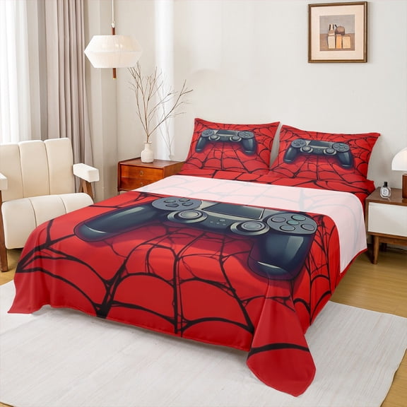 Manfei Black Console Twin Sheet Sets,Gamepad Gamer Gaming Twin Fitted Sheet,Halloween Spider Webs Flat Sheet For Boys Teens,Luxury Bedroom Decor,3pcs