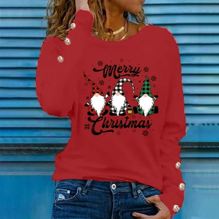 

jsaierl Crewneck Sweatshirts for Women Long Sleeve Shirts Christmas Gnomes Print Tops Plus Size Casual Blouse Tee Xmas Pullover Gifts
