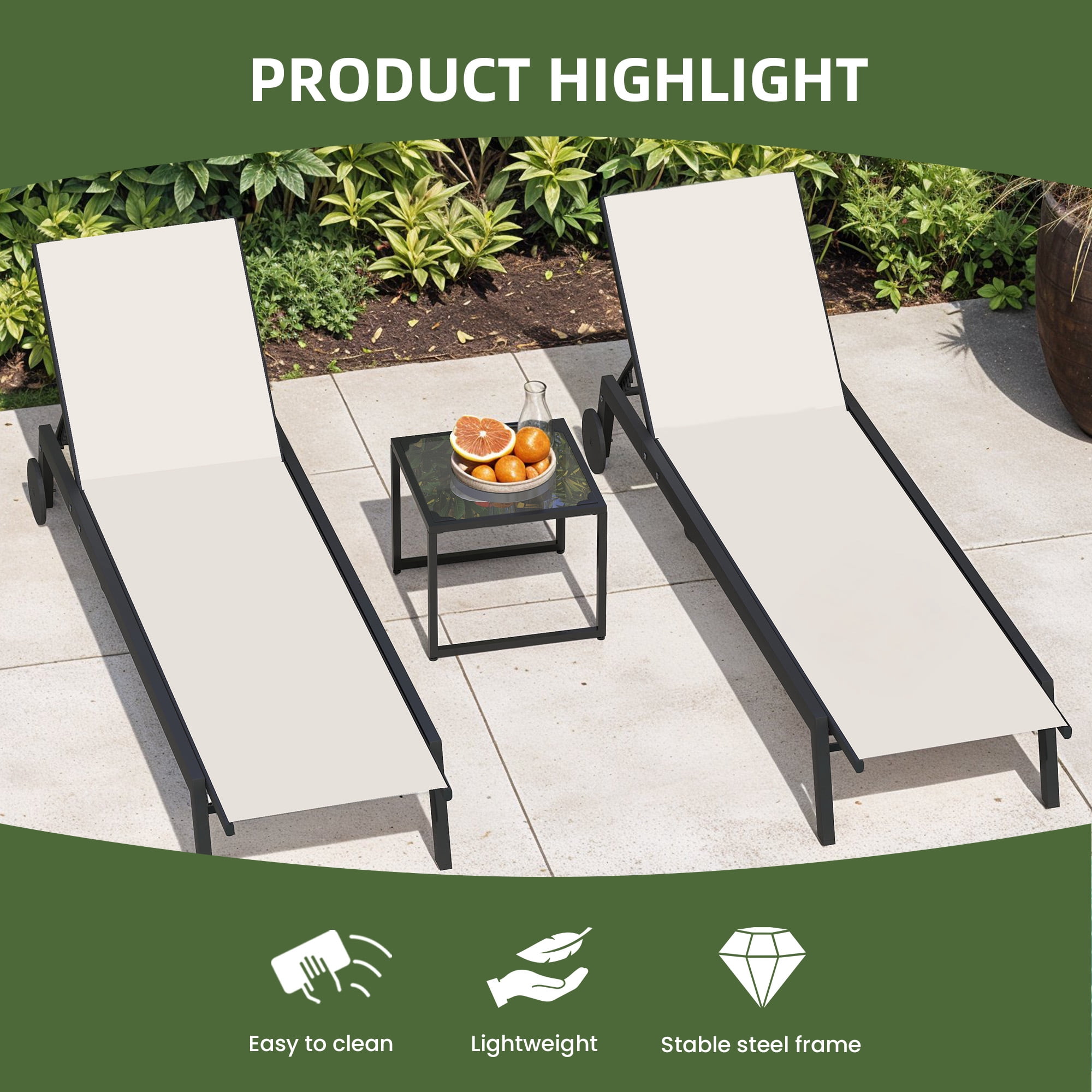 Uforic 3pcs Outdoor Chaise Lounge Set, 2 Adjustable Loungers with Side Table, Wheels, Beige