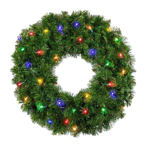 Pro Christmas Deluxe Oregon Fir Wreath 24in Pre Lit with Multicolor Lights Indoor Outdoor
