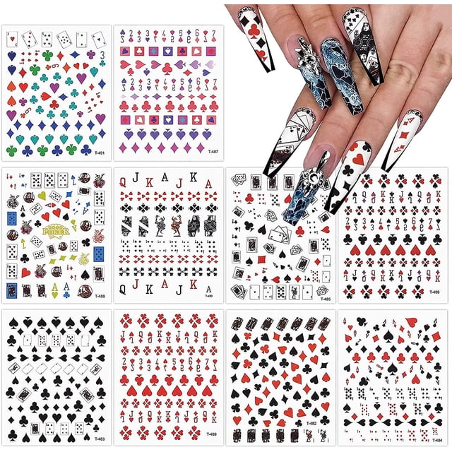 10 hojas de pegatinas de póker para uñas, estilo naipe, números, letras, accesorios para uñas para mujeres y niñas, diseños DIY.