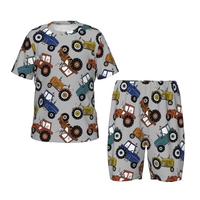 Fotbe Color Tractor Pijama Estampada de 2 Piezas para Niños – Ropa de Dormir de Manga Corta Cómoda para Niños y Niñas, Camiseta y Shorts de Algodón-Small