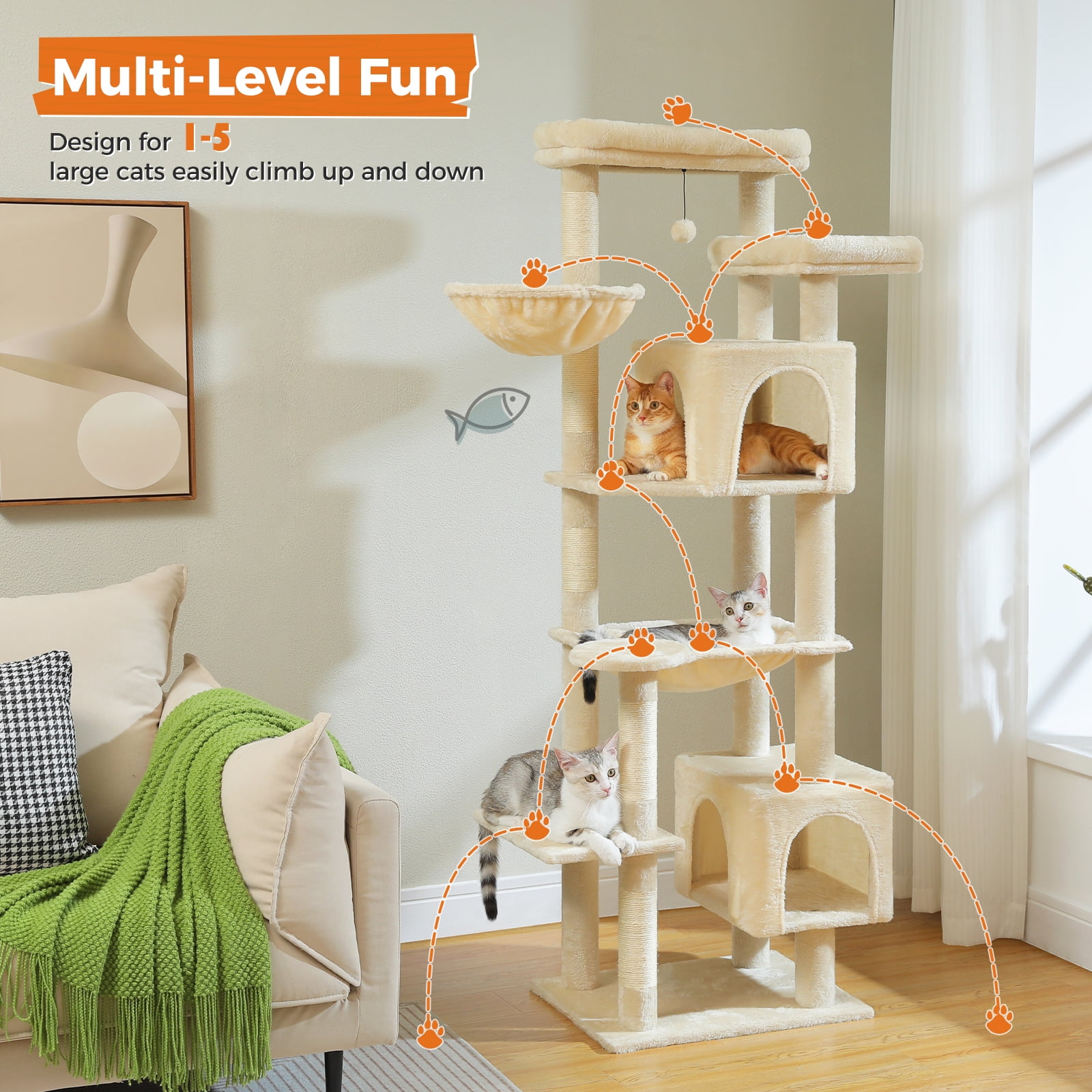 Pefilos 69" Tall Cat Tree for Indoor Large Cats with Hammock, Cat Climbing Tree Tower with Scratching Posts, Condo House and Top Perch, Beige