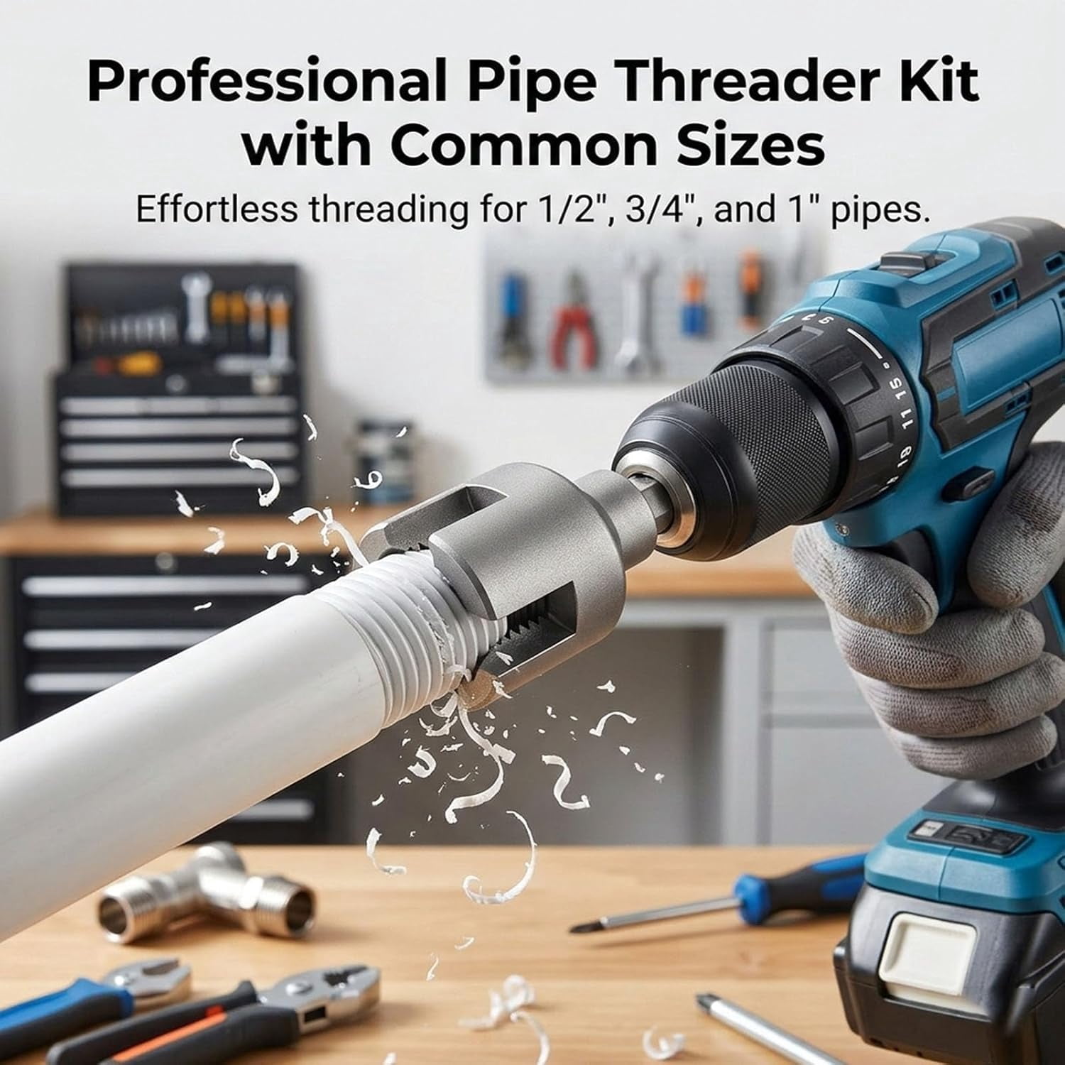 4 In 1 Water Pipe Wrench, 1/2" & 3/4"Internal And External Pipe Threading Tool Set for PVC/Plastic Pipes, Pipe Thread Cutting Tool,Drill Driven Plumbing Repair Set for Water Pipe